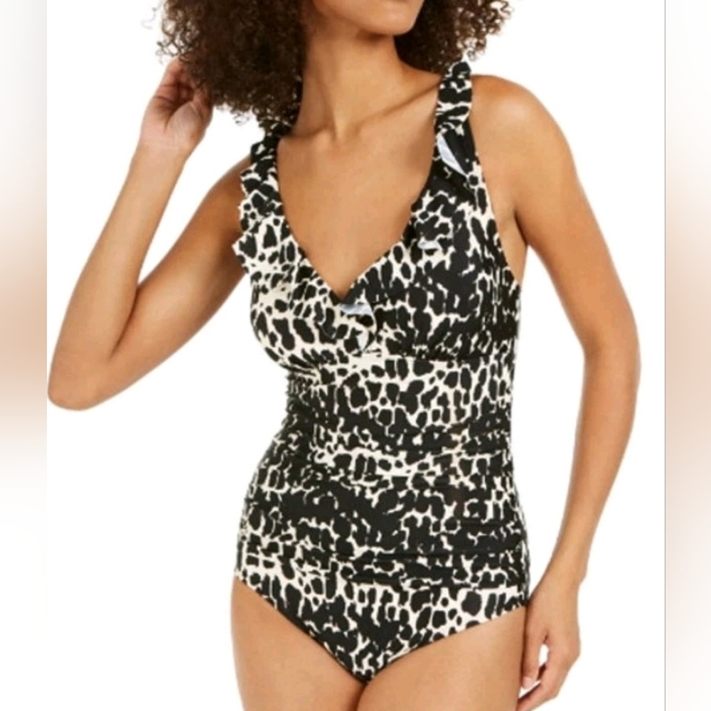DKNY Chic Black and White Animal Print Swimsuit NWT Size 14